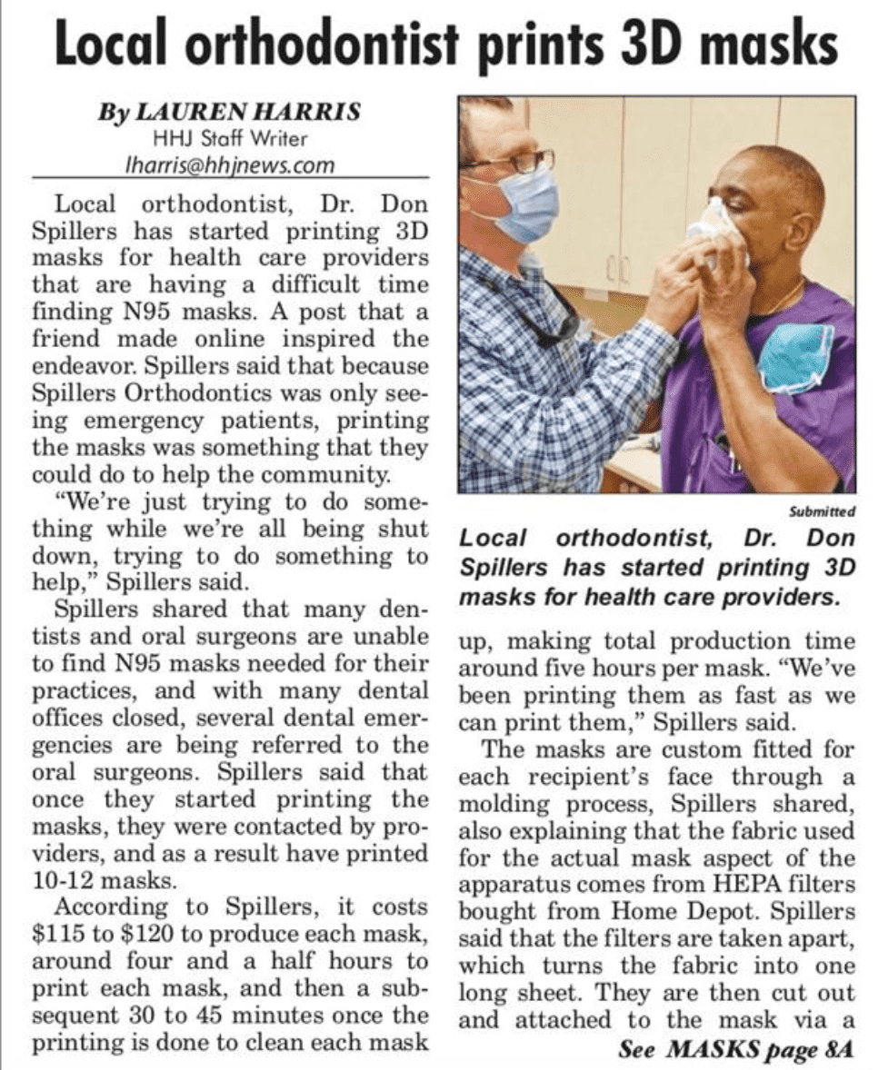 Dr. Spillers in Houston Home Journal newspaper for printing 3-D masks