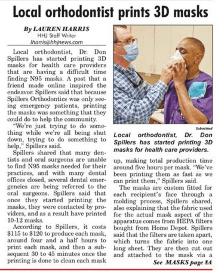 Dr. Spillers in Houston Home Journal newspaper for printing 3-D masks